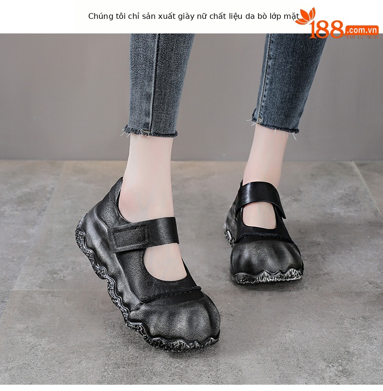 Giày Mary Jane nữ đế dày da bò cổ điển quai ngang Velcro — Màu nâu chi tiết 2