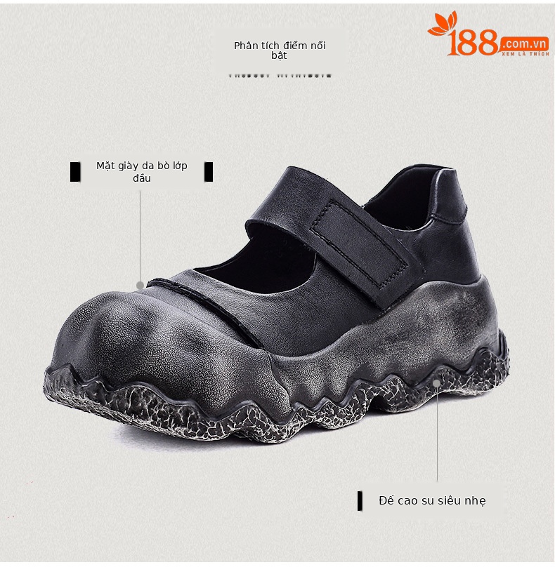 Giày Mary Jane nữ đế dày da bò cổ điển quai ngang Velcro — Màu nâu chi tiết 3