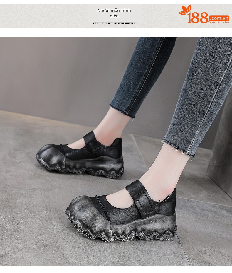 Giày Mary Jane nữ đế dày da bò cổ điển quai ngang Velcro — Màu nâu chi tiết 9