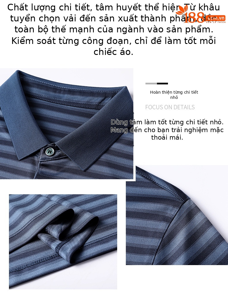 Áo polo nam tay ngắn sọc tơ tằm cao cấp form rộng — Xanh lam mộng mơ 15306 chi tiết 4