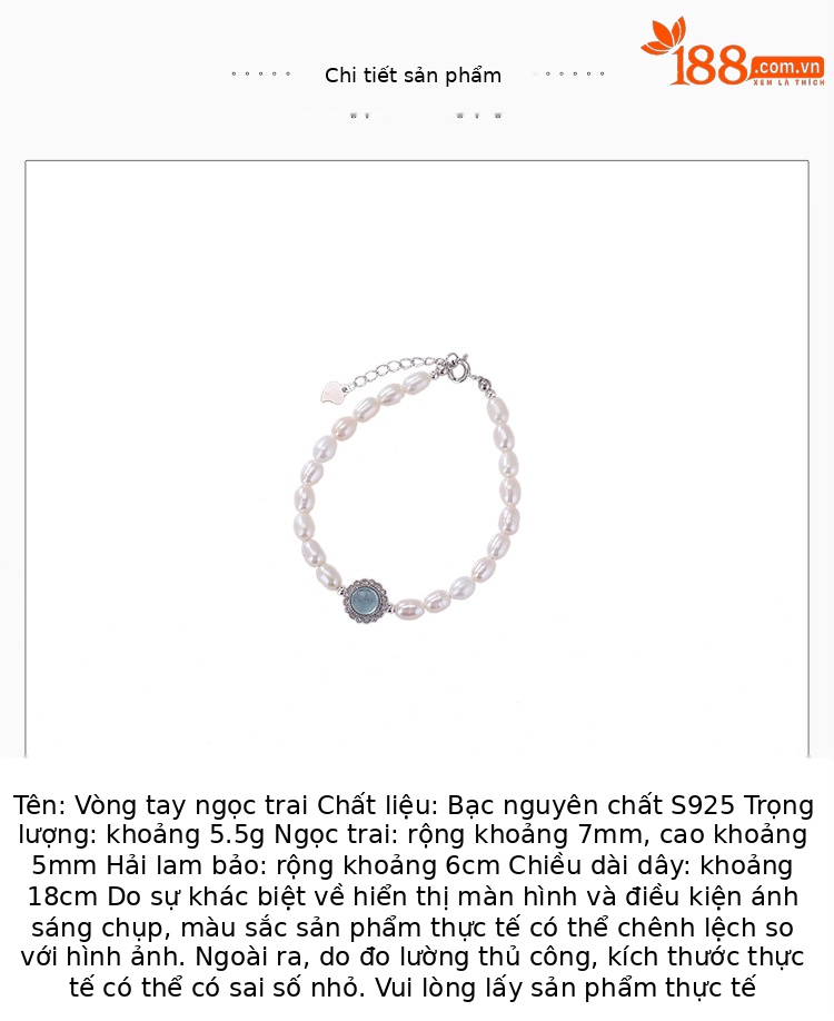 Vòng tay bạc S925 đính ngọc trai nước ngọt và đá aquamarine phong cách nhỏ tươi — Một chiếc chi tiết 2