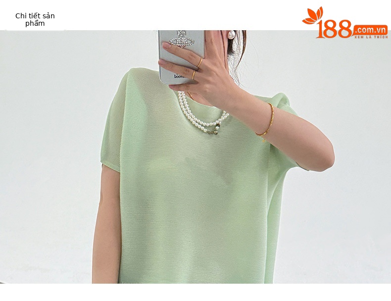 Áo thun nữ cổ tròn tay ngắn xếp ly tua rua form rộng — Màu xanh lam nhạt chi tiết 3