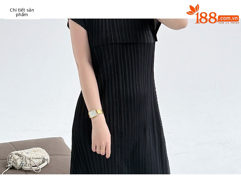 Váy liền xếp ly cổ tròn tay ngắn dáng maxi thắt eo thanh lịch — Màu xanh lam nhạt chi tiết 3