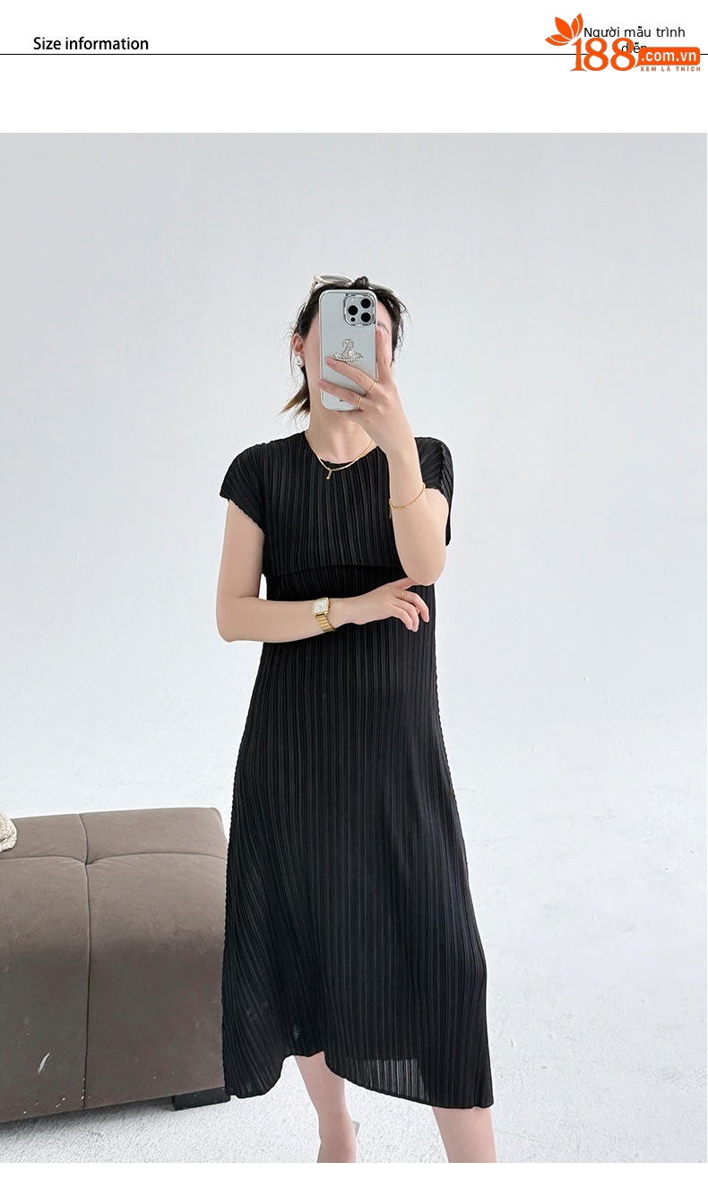 Váy liền xếp ly cổ tròn tay ngắn dáng maxi thắt eo thanh lịch — Màu xanh lam nhạt chi tiết 5