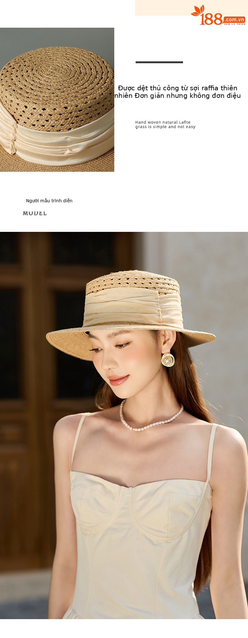 Mũ rơm phẳng vành rộng nữ đi biển chống nắng kiểu Nhật Hàn — Màu be chi tiết 4