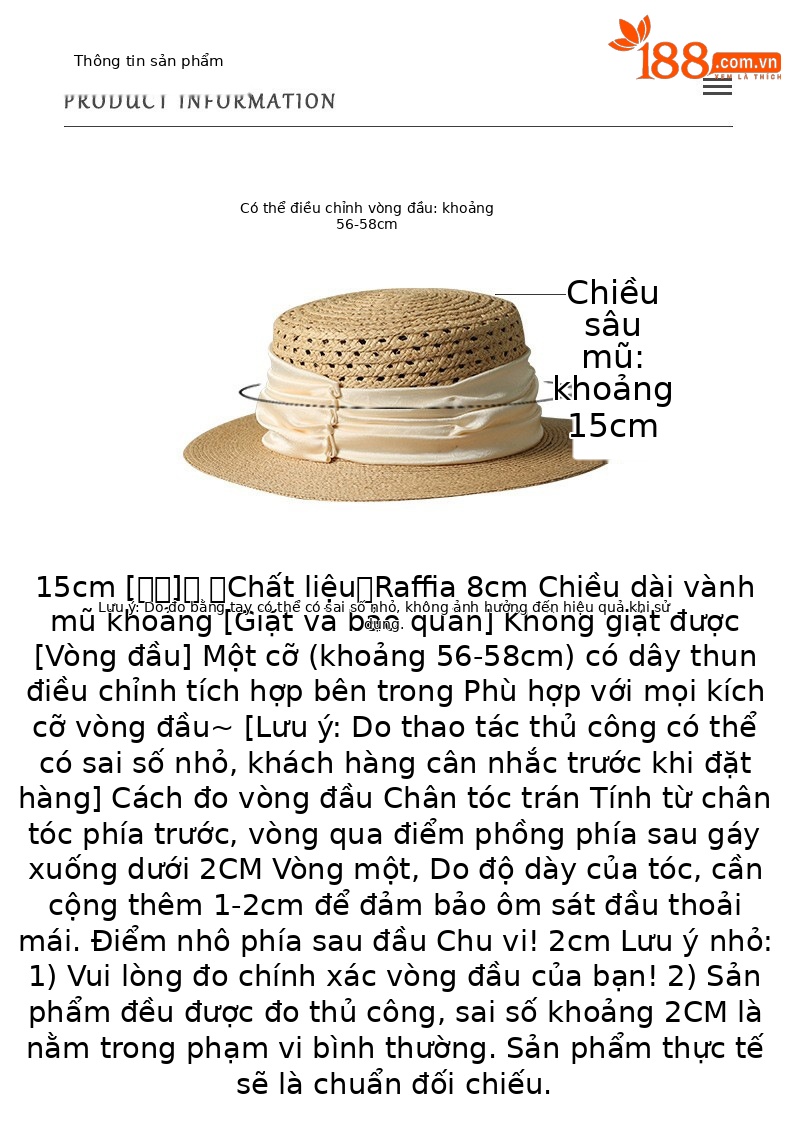 Mũ rơm phẳng vành rộng nữ đi biển chống nắng kiểu Nhật Hàn — Màu be chi tiết 2