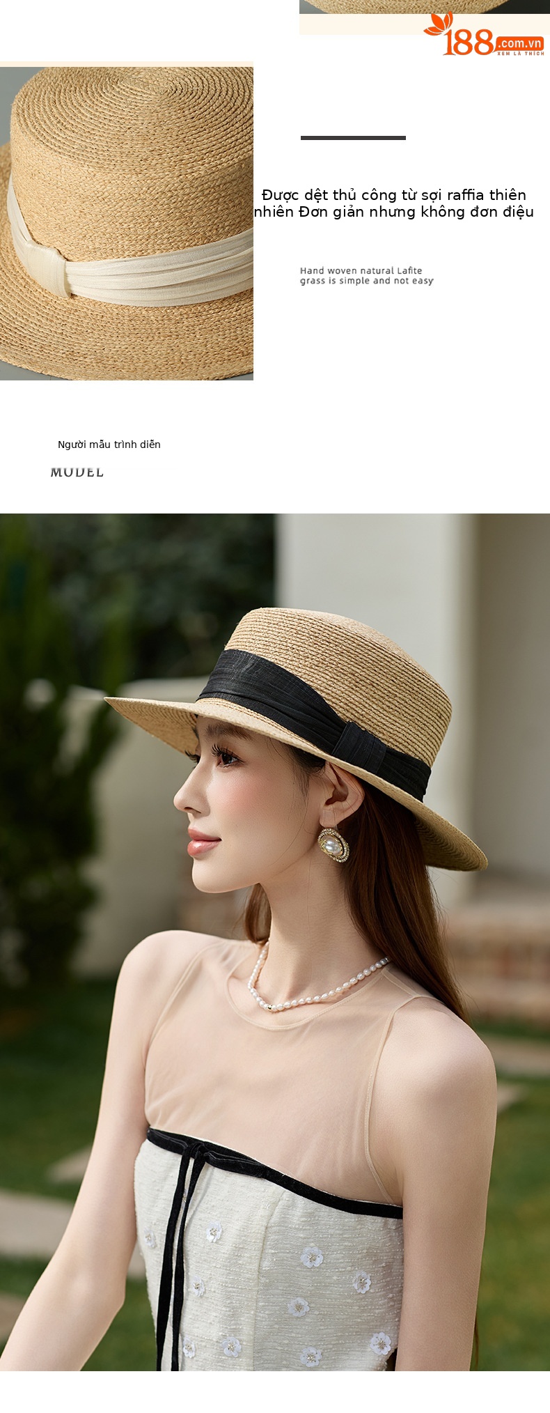 Mũ cói nữ vành rộng chống nắng đi biển kiểu phẳng đỉnh — màu be chi tiết 4