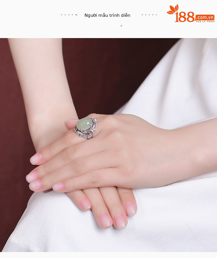 Nhẫn bạc S925 đính ngọc bích Hòa Điền phong cách cung đình hoa dây leo rỗng — Miếng chi tiết 6