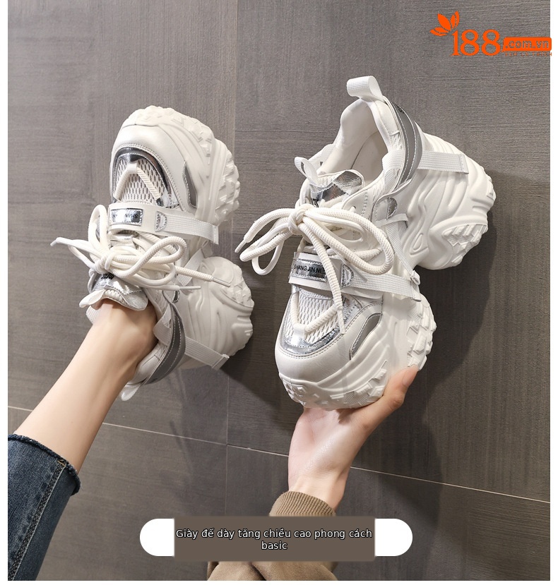 Giày sneaker nữ chunky đế dày lưới thoáng khí, tăng chiều cao bên trong — Màu trắng be chi tiết 1