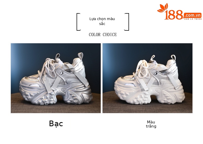 Giày sneaker nữ chunky đế dày lưới thoáng khí, tăng chiều cao bên trong — Màu trắng be chi tiết 2