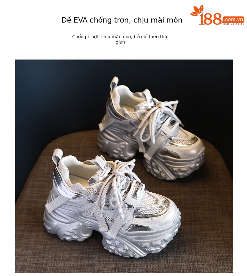 Giày sneaker nữ chunky đế dày lưới thoáng khí, tăng chiều cao bên trong — Màu trắng be chi tiết 10