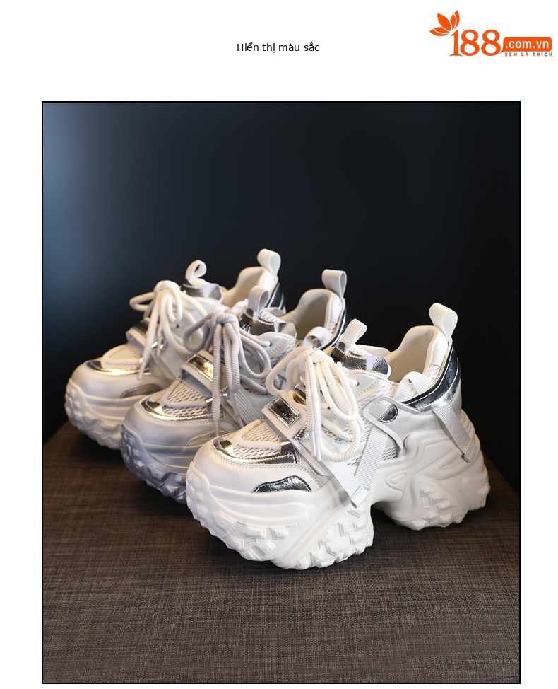 Giày sneaker nữ chunky đế dày lưới thoáng khí, tăng chiều cao bên trong — Màu trắng be chi tiết 18