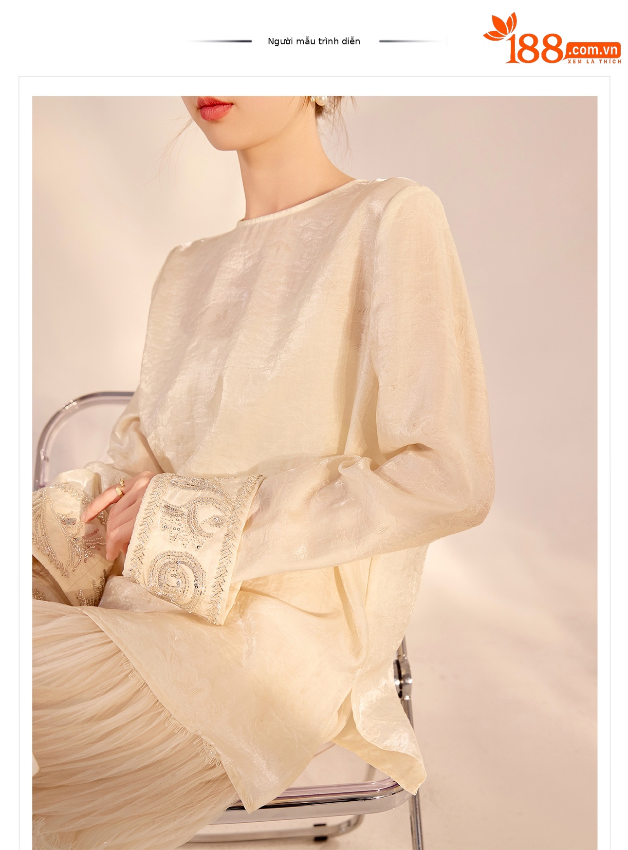 Áo sơ mi nữ dài tay phong cách Trung Hoa mới, đính cườm thêu tay, chất liệu rayon mỏng nhẹ N2071 — Màu hồng, Màu trắng be, Màu vàng nhạt chi tiết 1