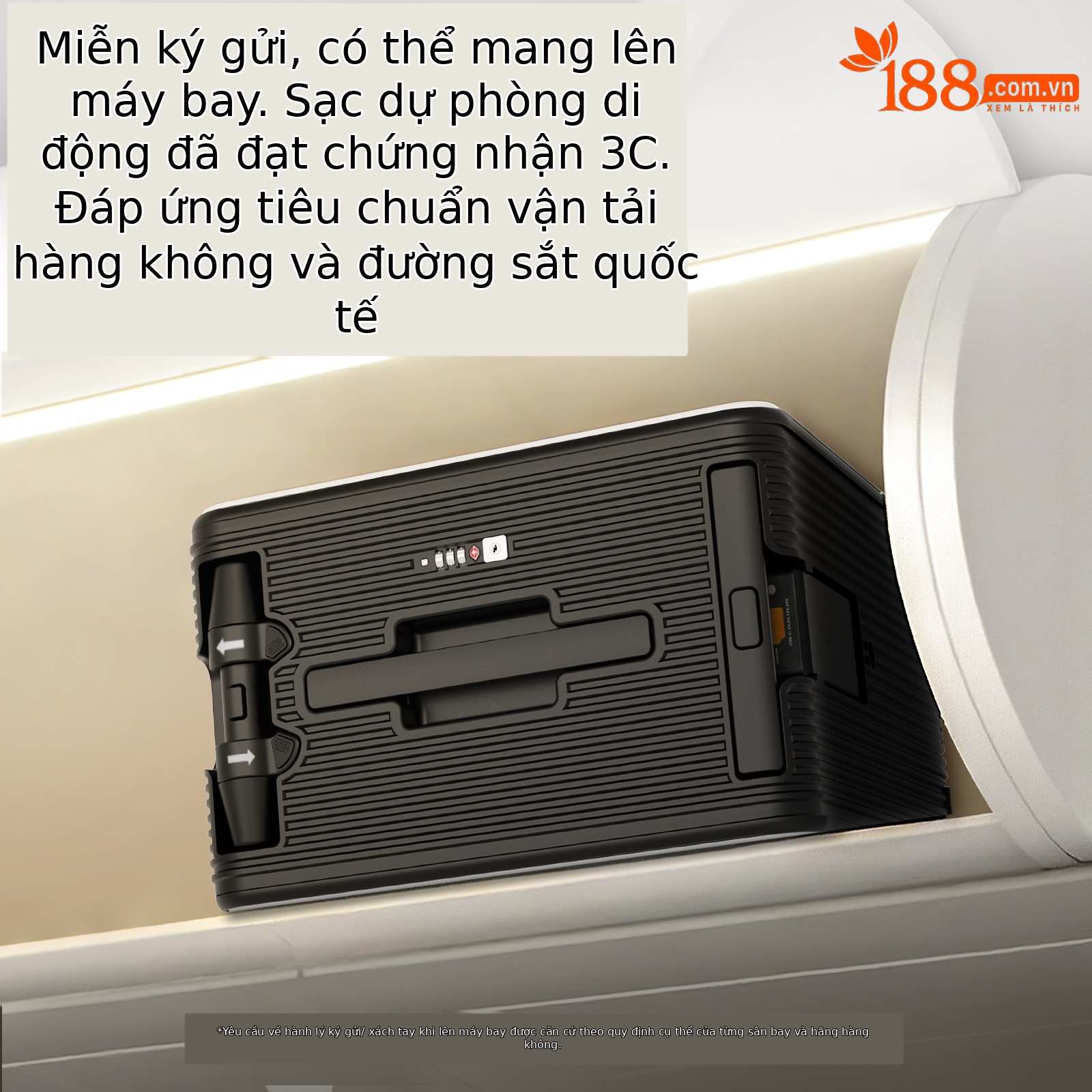 Vali điện thông minh 20 inch chứng nhận 3C 2025, nhẹ dung tích lớn, xách tay máy bay, có logo — Sạc dự phòng, Màu đen, bộ sạc, Màu trắng
