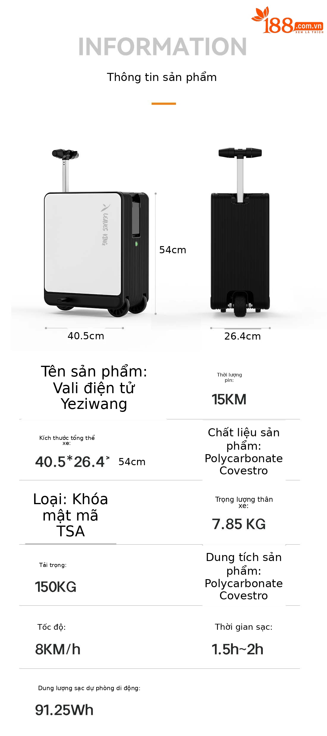 Vali điện thông minh 20 inch chứng nhận 3C 2025, nhẹ dung tích lớn, xách tay máy bay, có logo — Sạc dự phòng, Màu đen, bộ sạc, Màu trắng chi tiết 10