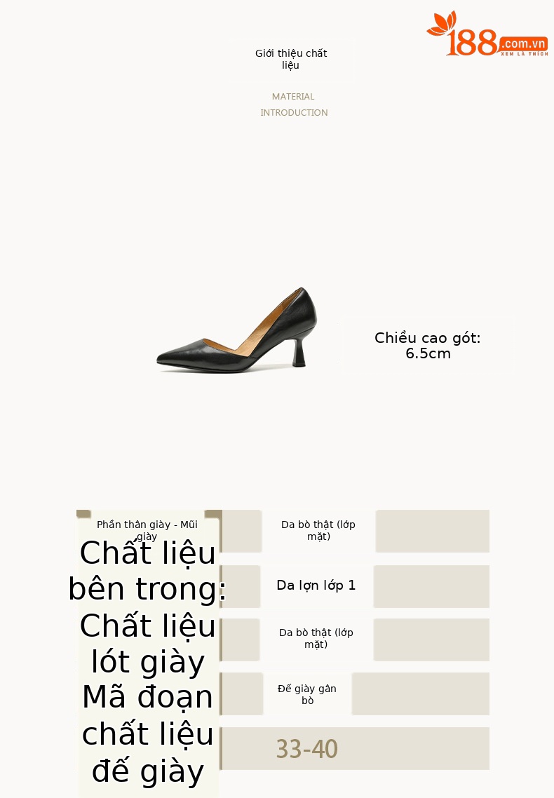Giày cao gót nữ mũi nhọn da bò cổ điển kiểu Pháp, gót 6,5 cm — Màu đen chi tiết 3