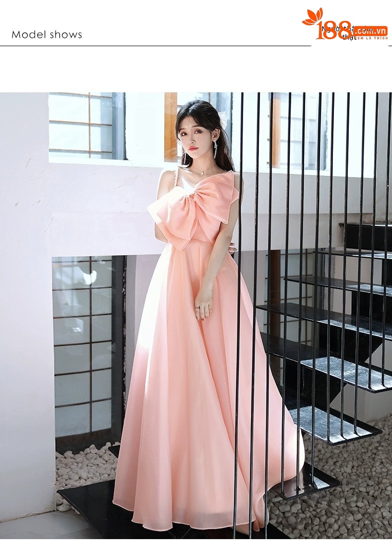 Đầm maxi nữ thắt eo dáng công chúa không dây, phong cách dạ hội thanh lịch — Màu hồng chi tiết 2