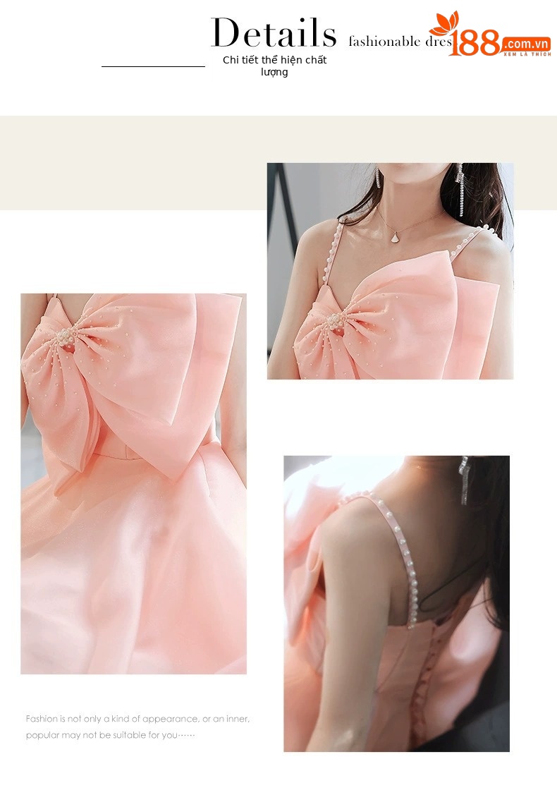 Đầm maxi nữ thắt eo dáng công chúa không dây, phong cách dạ hội thanh lịch — Màu hồng chi tiết 8