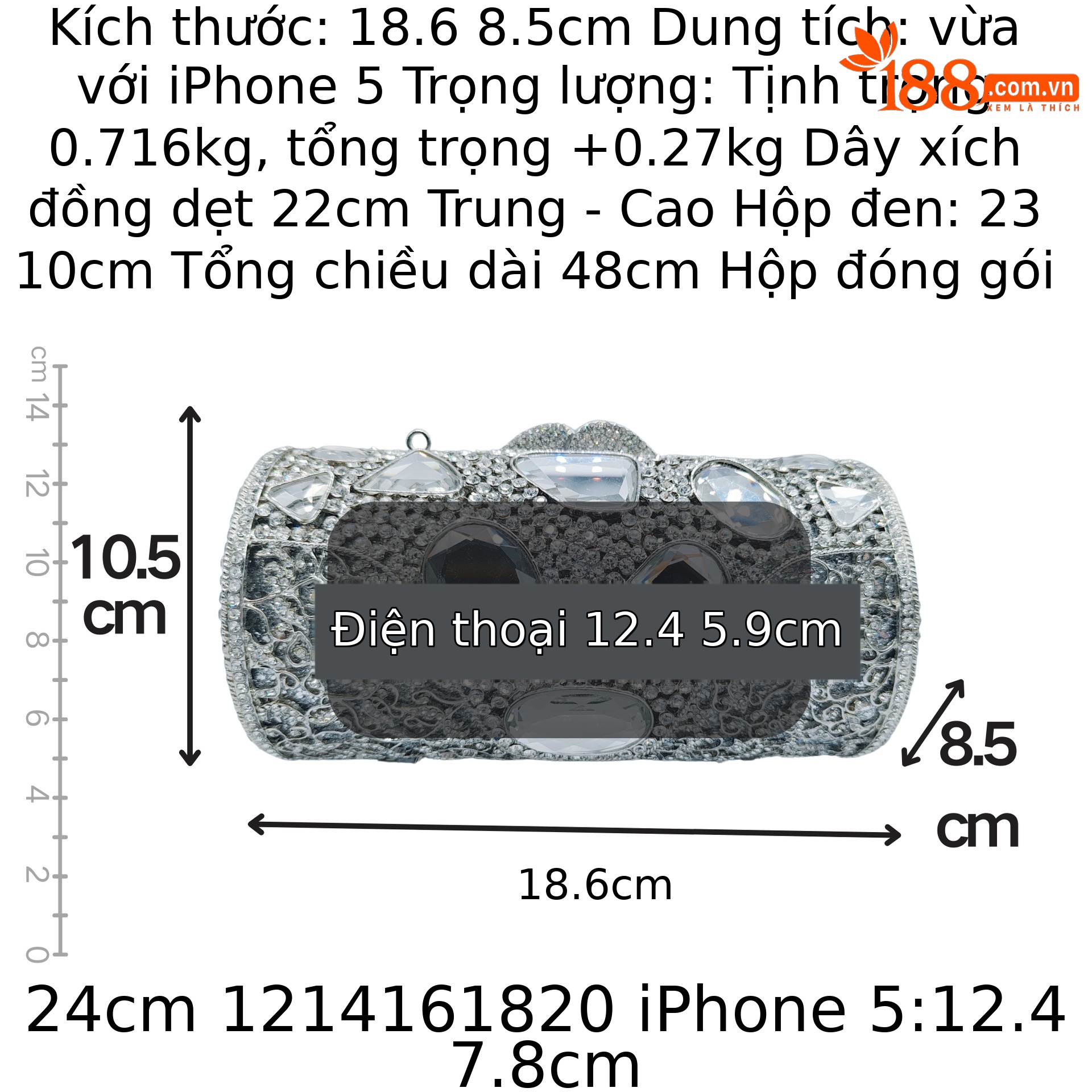 Túi clutch nữ dạ hội đính đá lấp lánh hộp cứng kim loại — bạc, Tùy chỉnh cá nhân chi tiết 1