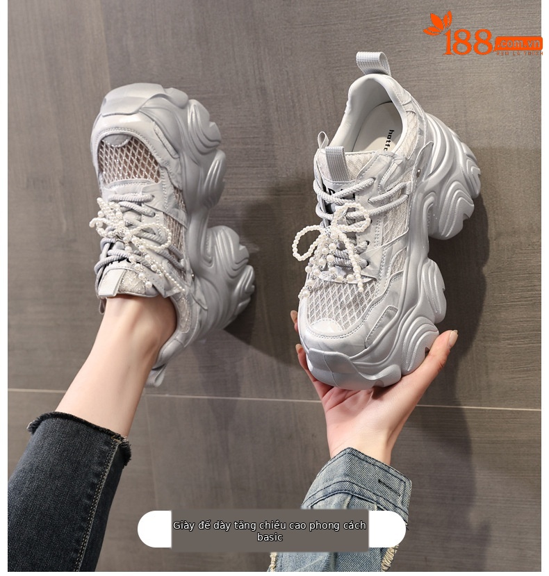 Giày sneaker chunky nữ đế dày tăng chiều cao, lưới thoáng khí, phối ngọc trai — Màu trắng chi tiết 1