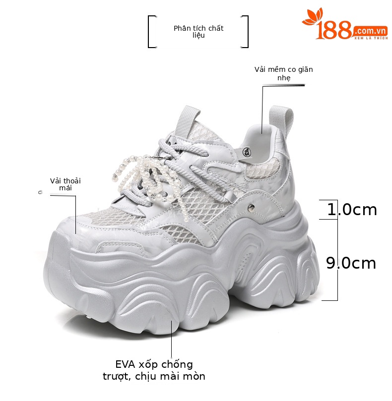 Giày sneaker chunky nữ đế dày tăng chiều cao, lưới thoáng khí, phối ngọc trai — Màu trắng chi tiết 3
