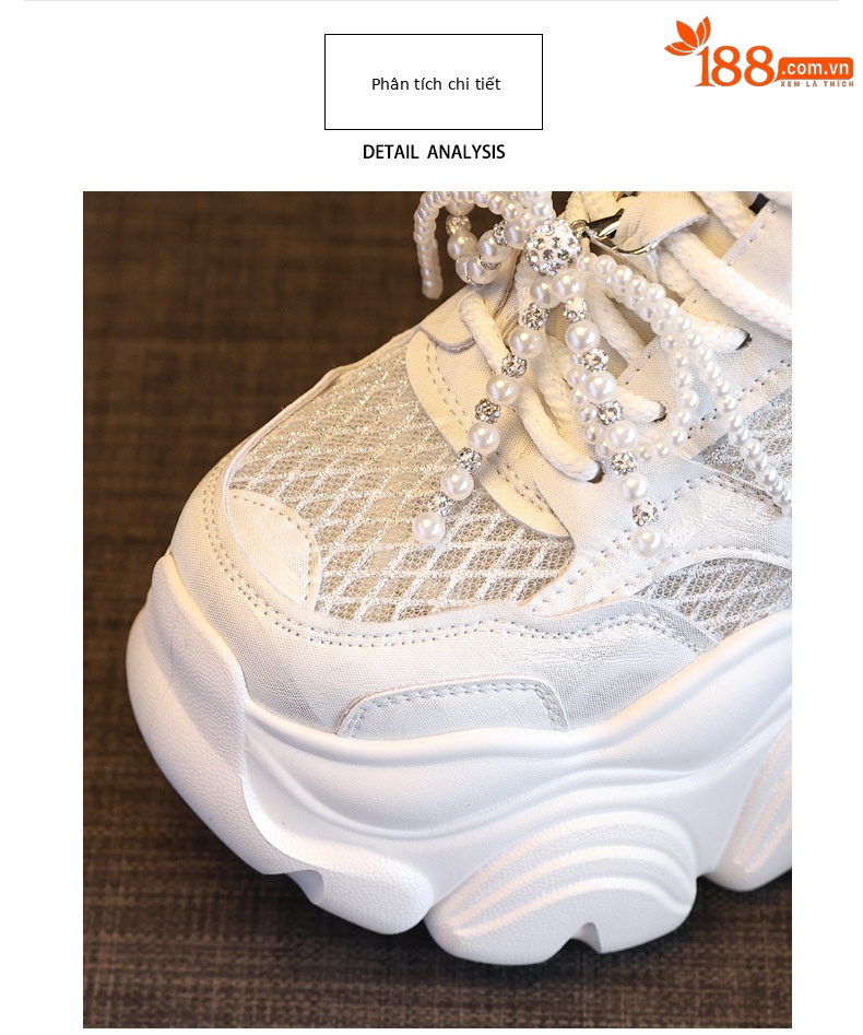 Giày sneaker chunky nữ đế dày tăng chiều cao, lưới thoáng khí, phối ngọc trai — Màu trắng chi tiết 7