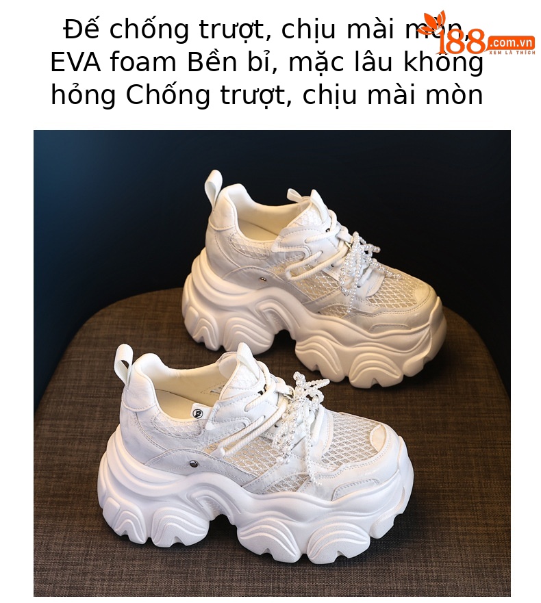 Giày sneaker chunky nữ đế dày tăng chiều cao, lưới thoáng khí, phối ngọc trai — Màu trắng chi tiết 10