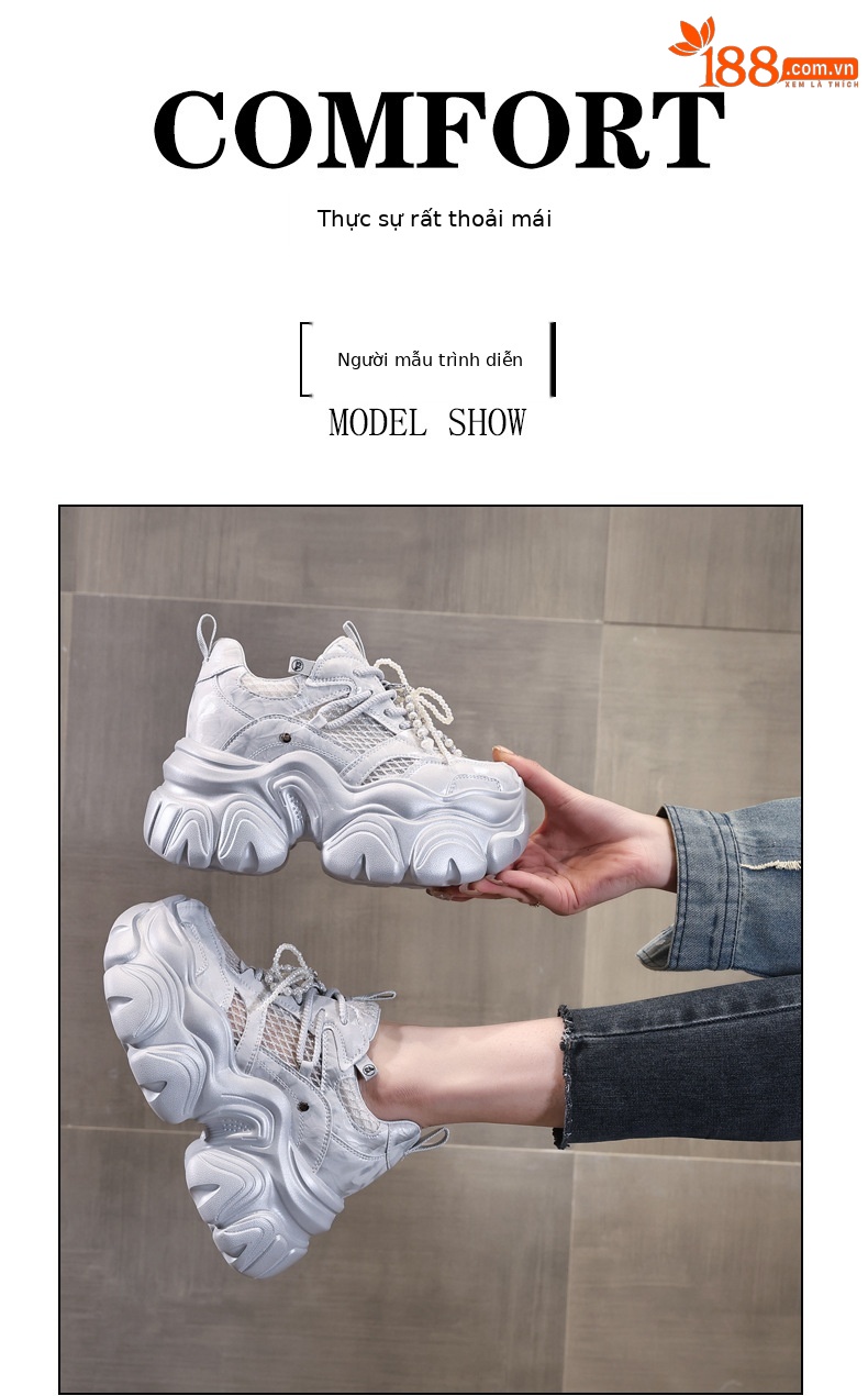Giày sneaker chunky nữ đế dày tăng chiều cao, lưới thoáng khí, phối ngọc trai — Màu trắng chi tiết 11