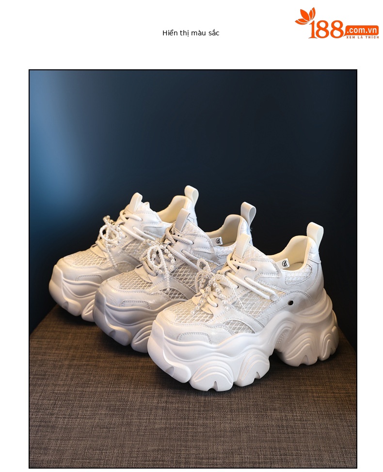 Giày sneaker chunky nữ đế dày tăng chiều cao, lưới thoáng khí, phối ngọc trai — Màu trắng chi tiết 18