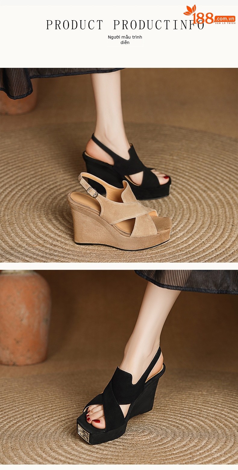 Sandal cao gót nữ hở mũi đế xuồng 10cm da lộn quai miệng cá — Màu đen chi tiết 2