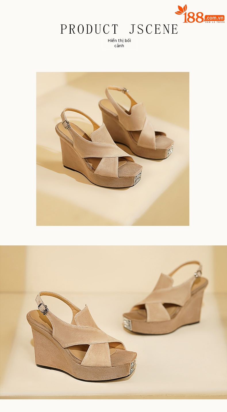 Sandal cao gót nữ hở mũi đế xuồng 10cm da lộn quai miệng cá — Màu đen chi tiết 5