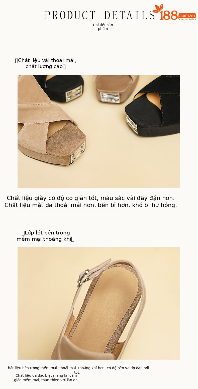 Sandal cao gót nữ hở mũi đế xuồng 10cm da lộn quai miệng cá — Màu đen chi tiết 7