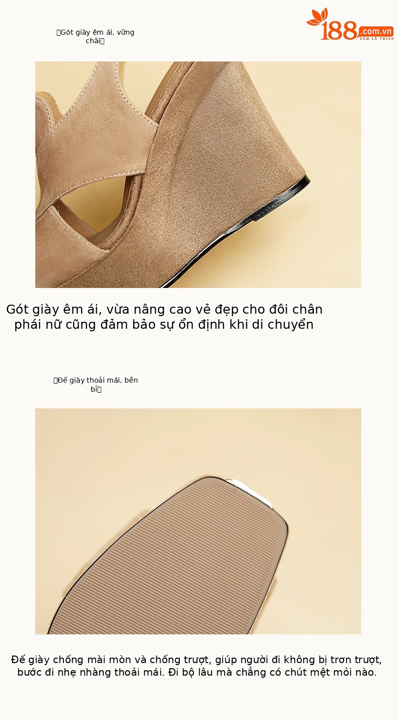 Sandal cao gót nữ hở mũi đế xuồng 10cm da lộn quai miệng cá — Màu đen chi tiết 8