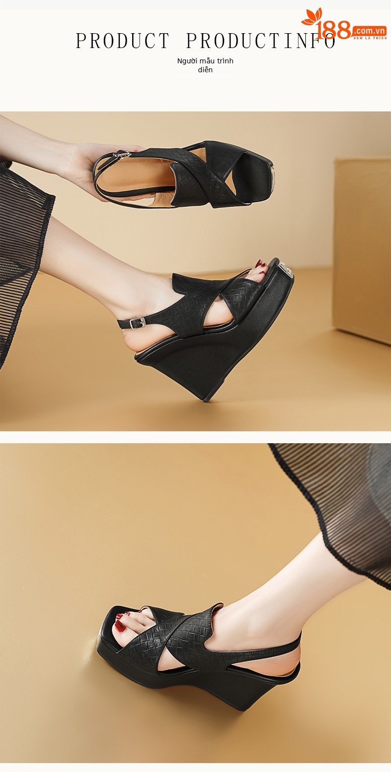 Sandal cao gót nữ mũi hở đế xuồng phong cách La Mã — Màu đen chi tiết 2