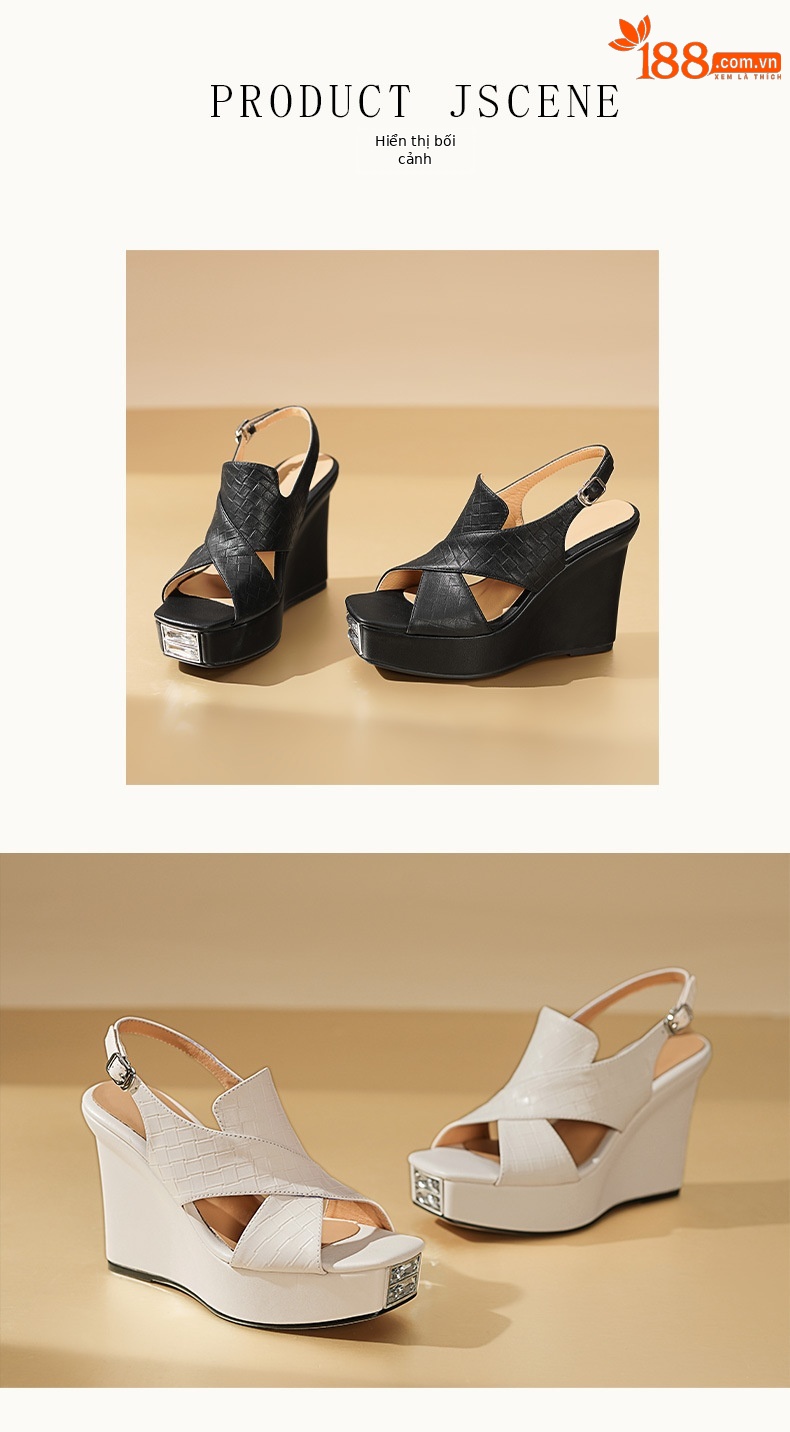 Sandal cao gót nữ mũi hở đế xuồng phong cách La Mã — Màu đen chi tiết 5
