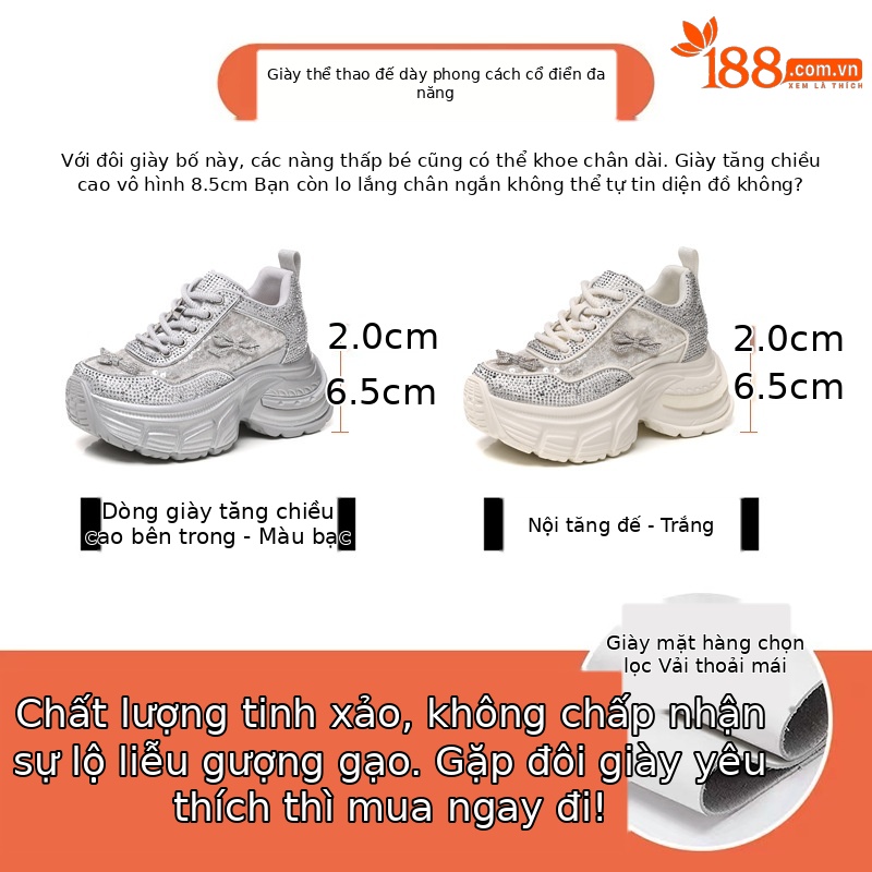 Giày sneaker nữ chunky đế dày đính đá phong cách thể thao — Màu trắng