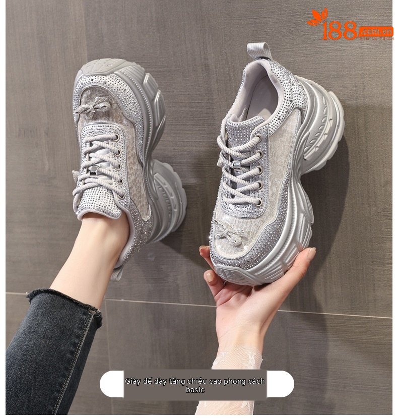 Giày sneaker nữ chunky đế dày đính đá phong cách thể thao — Màu trắng chi tiết 1