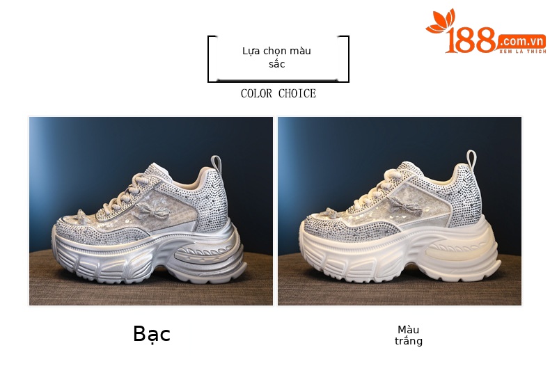 Giày sneaker nữ chunky đế dày đính đá phong cách thể thao — Màu trắng chi tiết 2