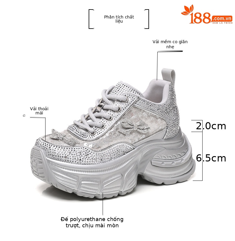 Giày sneaker nữ chunky đế dày đính đá phong cách thể thao — Màu trắng chi tiết 3