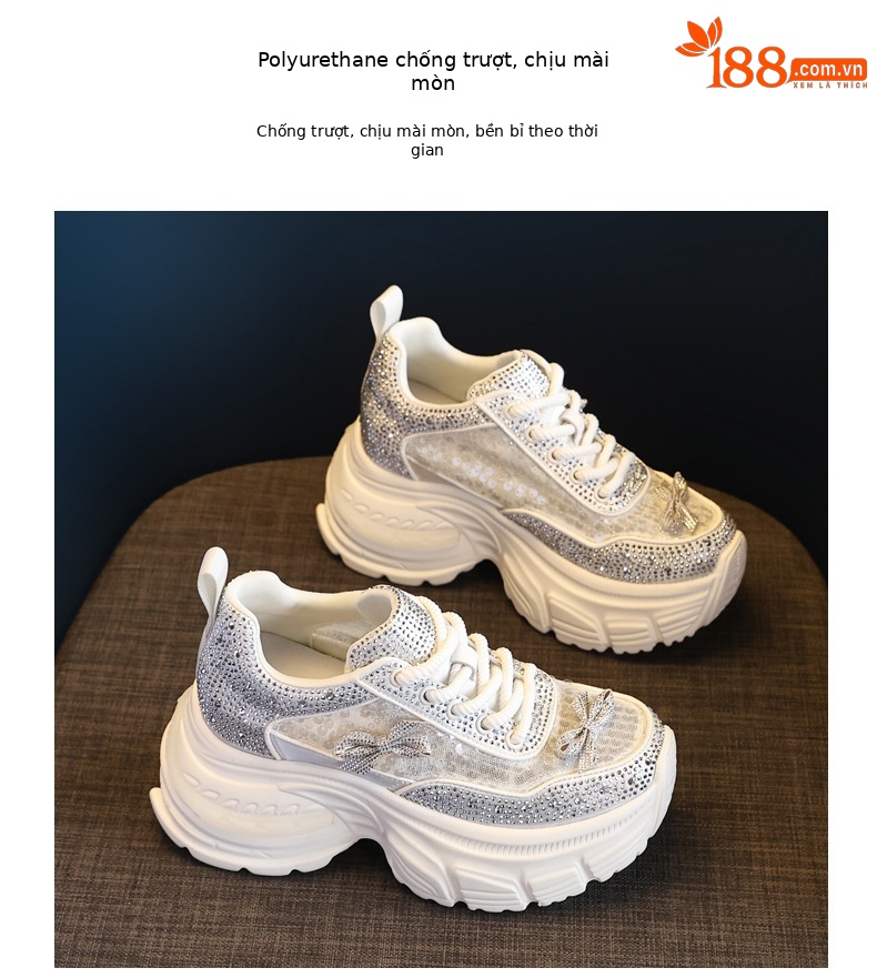 Giày sneaker nữ chunky đế dày đính đá phong cách thể thao — Màu trắng chi tiết 10