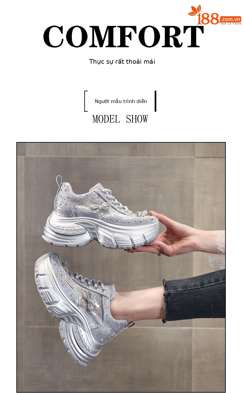 Giày sneaker nữ chunky đế dày đính đá phong cách thể thao — Màu trắng chi tiết 11