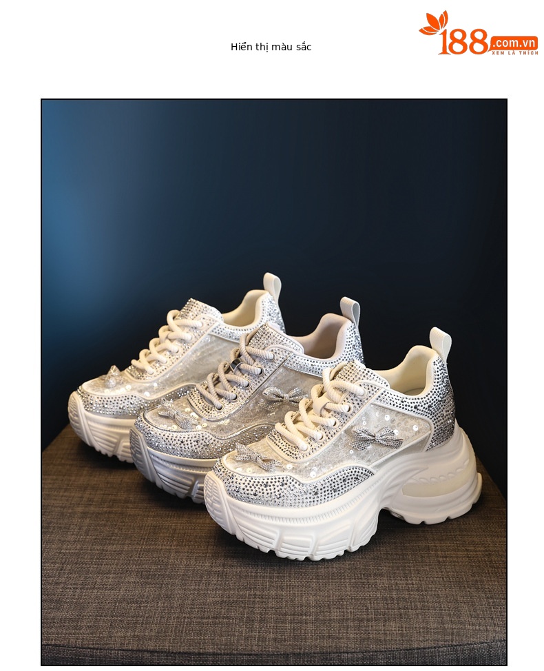 Giày sneaker nữ chunky đế dày đính đá phong cách thể thao — Màu trắng chi tiết 18