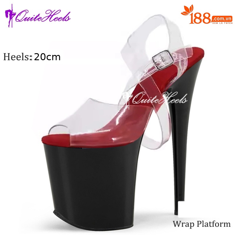 Sandal cao gót múa cột đế xuồng quai chéo trong suốt gót 20 cm — đỏ đen, Làm mát PC màu đỏ, mơ đỏ, đen
