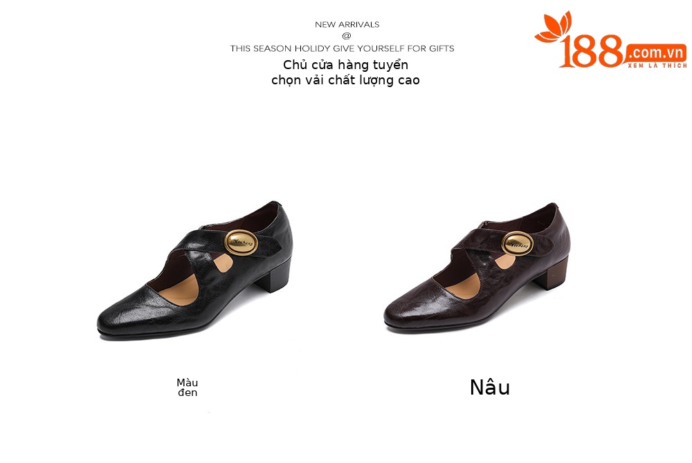 Giày Mary Jane nữ da cừu mũi tròn quai chéo khóa, gót dày miệng nông — Màu nâu chi tiết 6
