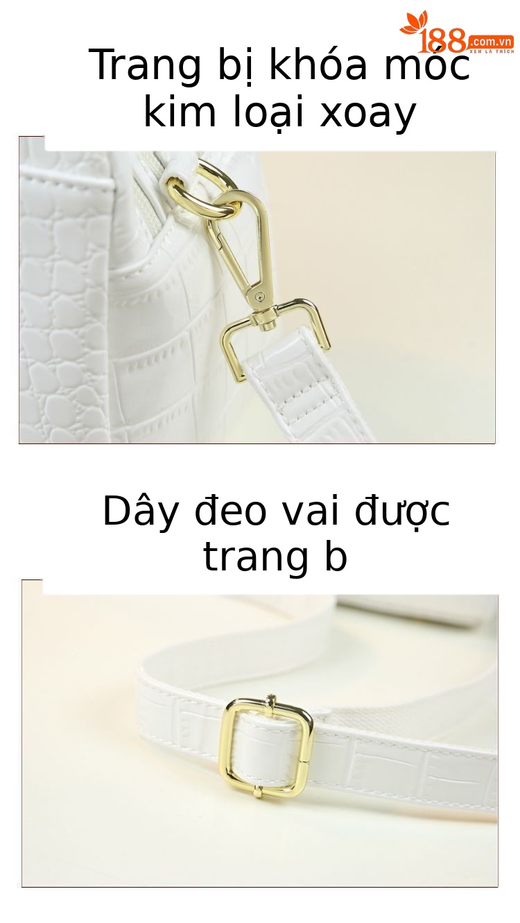 Túi xách nữ da thật vân cá sấu đeo chéo kiểu dáng sang trọng — màu đỏ tía, đen, trắng, in da báo chi tiết 8
