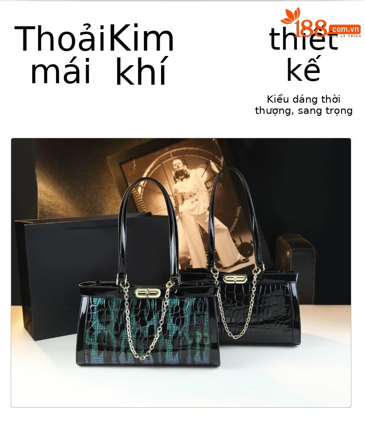 Túi xách tay nữ da thật họa tiết cá sấu, kiểu dáng sang trọng, đeo vai — Màu xanh lá, Màu đen chi tiết 3