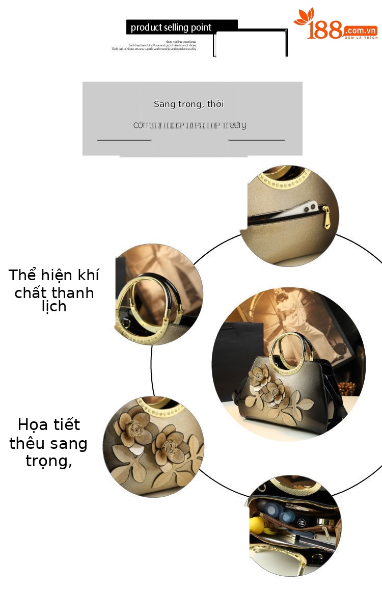 Túi xách tay nữ da thật phong cách sang trọng dành cho phụ nữ trung niên — màu đỏ tía, vàng sâm panh, màu xám bạc chi tiết 2