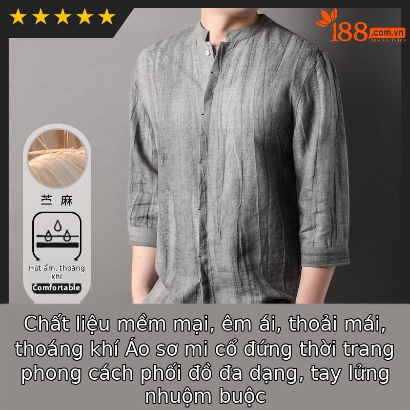 Áo sơ mi nam cổ đứng tay lỡ dáng rộng, kiểu mỏng mùa xuân hè — Xanh nhạt 85577