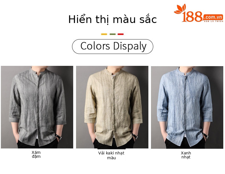 Áo sơ mi nam cổ đứng tay lỡ dáng rộng, kiểu mỏng mùa xuân hè — Xanh nhạt 85577 chi tiết 6