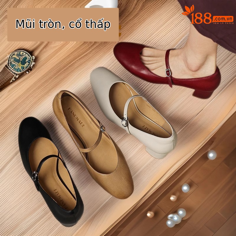 Giày Mary Jane nữ da bò mũi tròn quai ngang gót 5 cm phong cách retro — đen